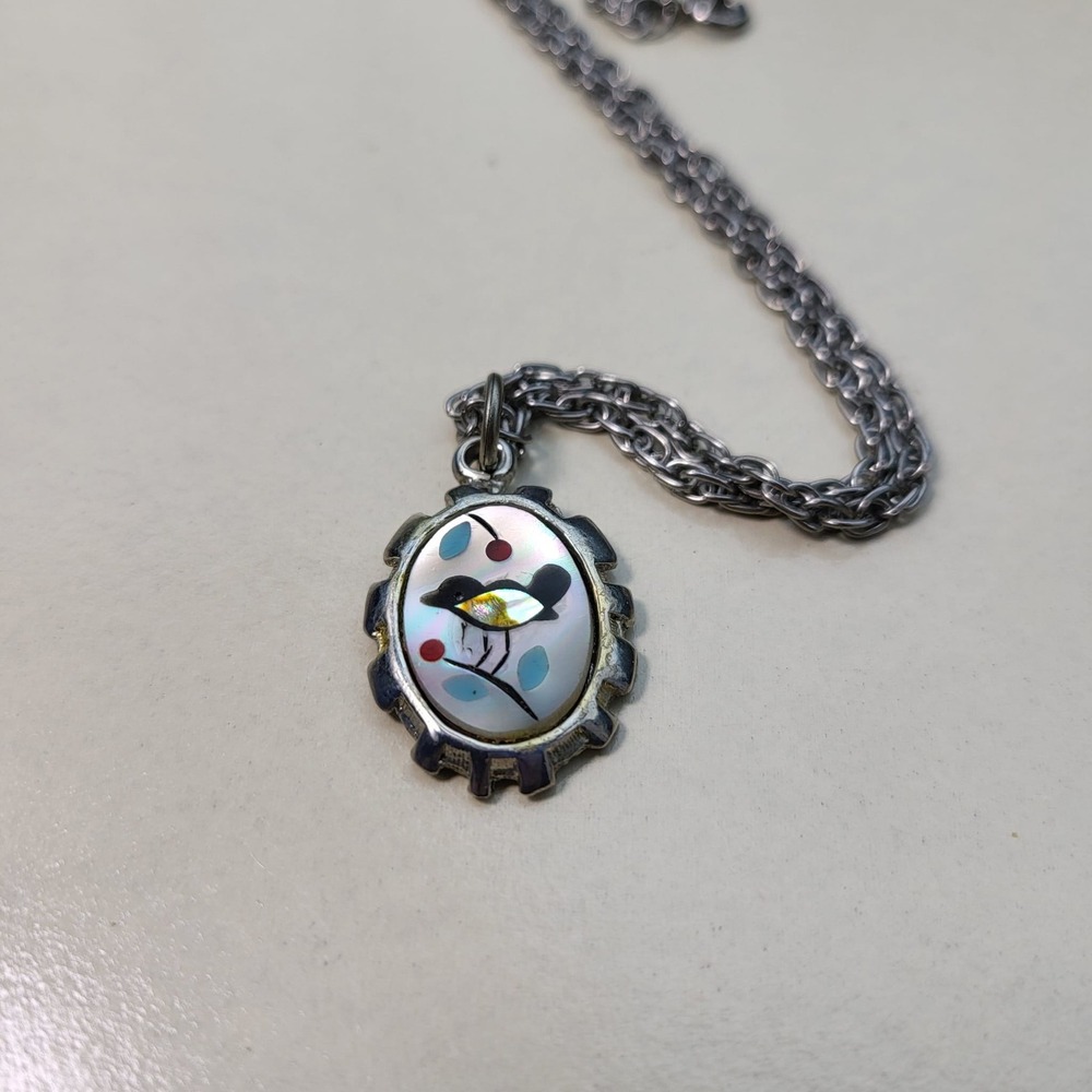 Vintage Silver Bird Necklace Silver Mother of Pearl Abalone Inlay
